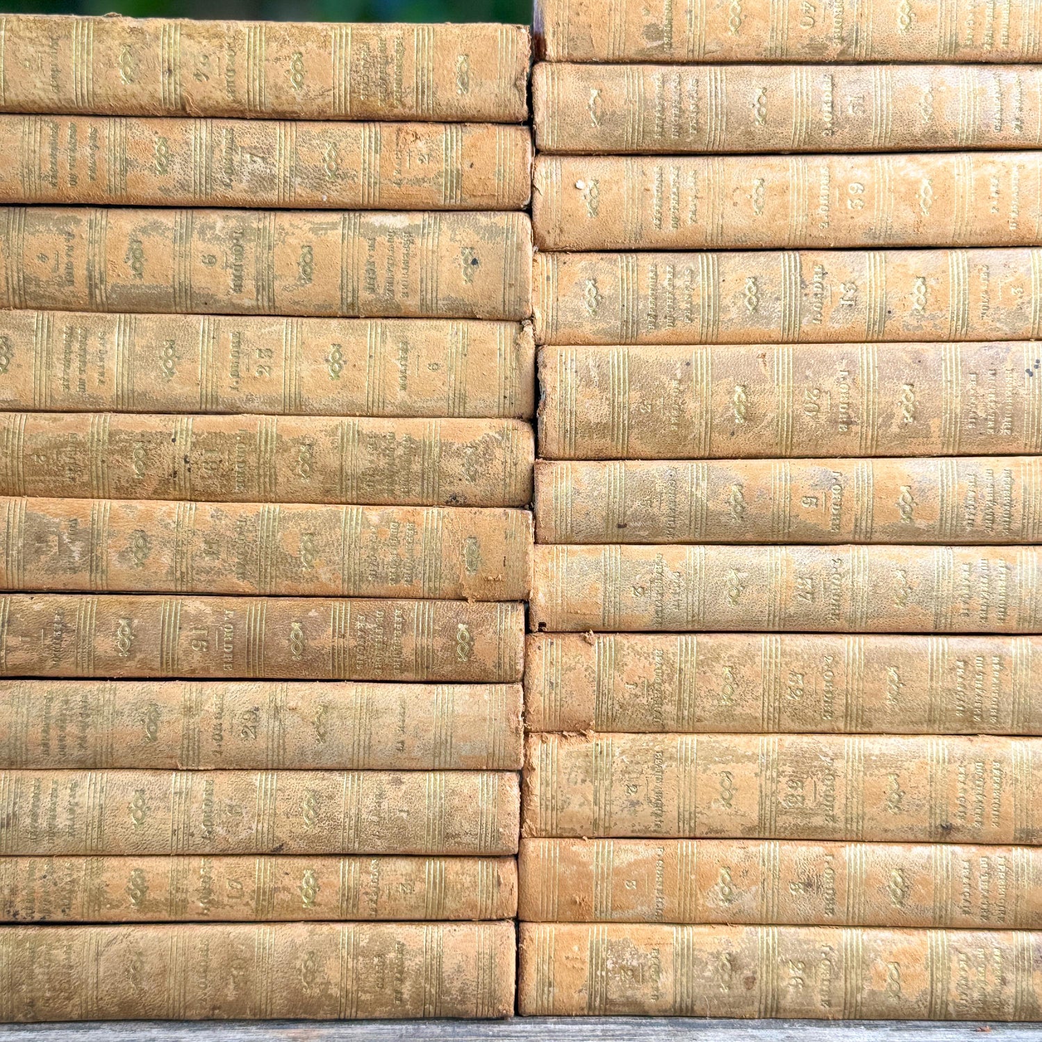 Antique Honey Gold French Theater Book Collection, 1824, Répertoire du Théâtre Français, Leather & Marbled Boards, 32 Volumes
