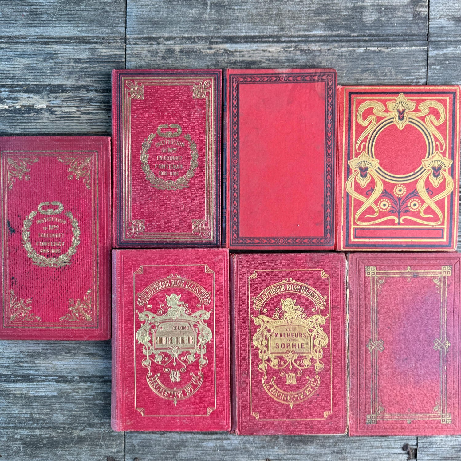 Antique French Red Book Set, 1861-1890, Les Malheurs de Sophie, Bibliothèque Rose & Prize Books, Cartonnage