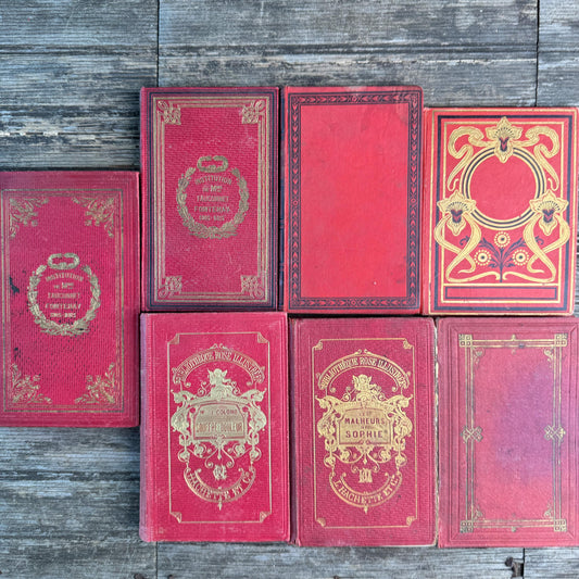 Antique French Red Book Set, 1861-1890, Les Malheurs de Sophie, Bibliothèque Rose & Prize Books, Cartonnage