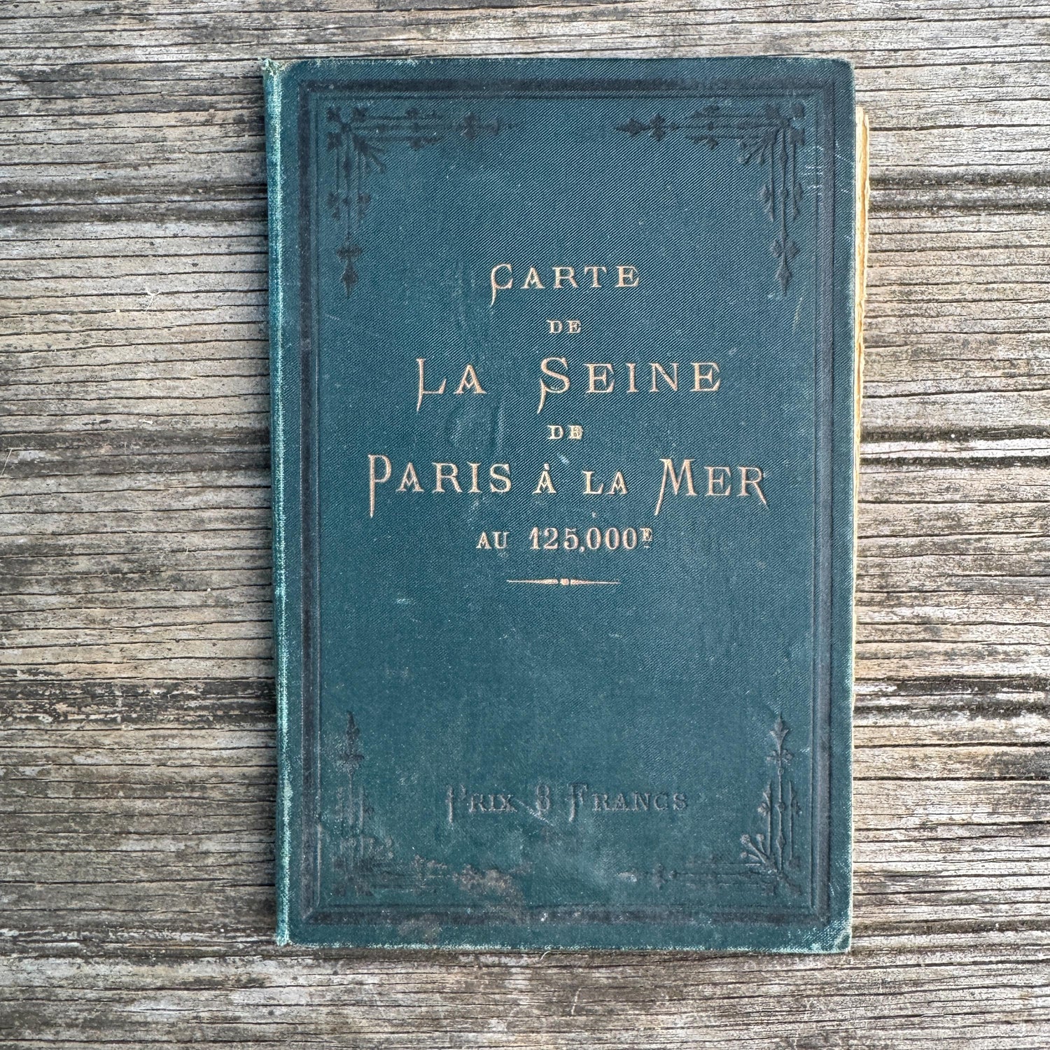 Shabby Antique French Green Book Set, 1822-1874, Seine Map
