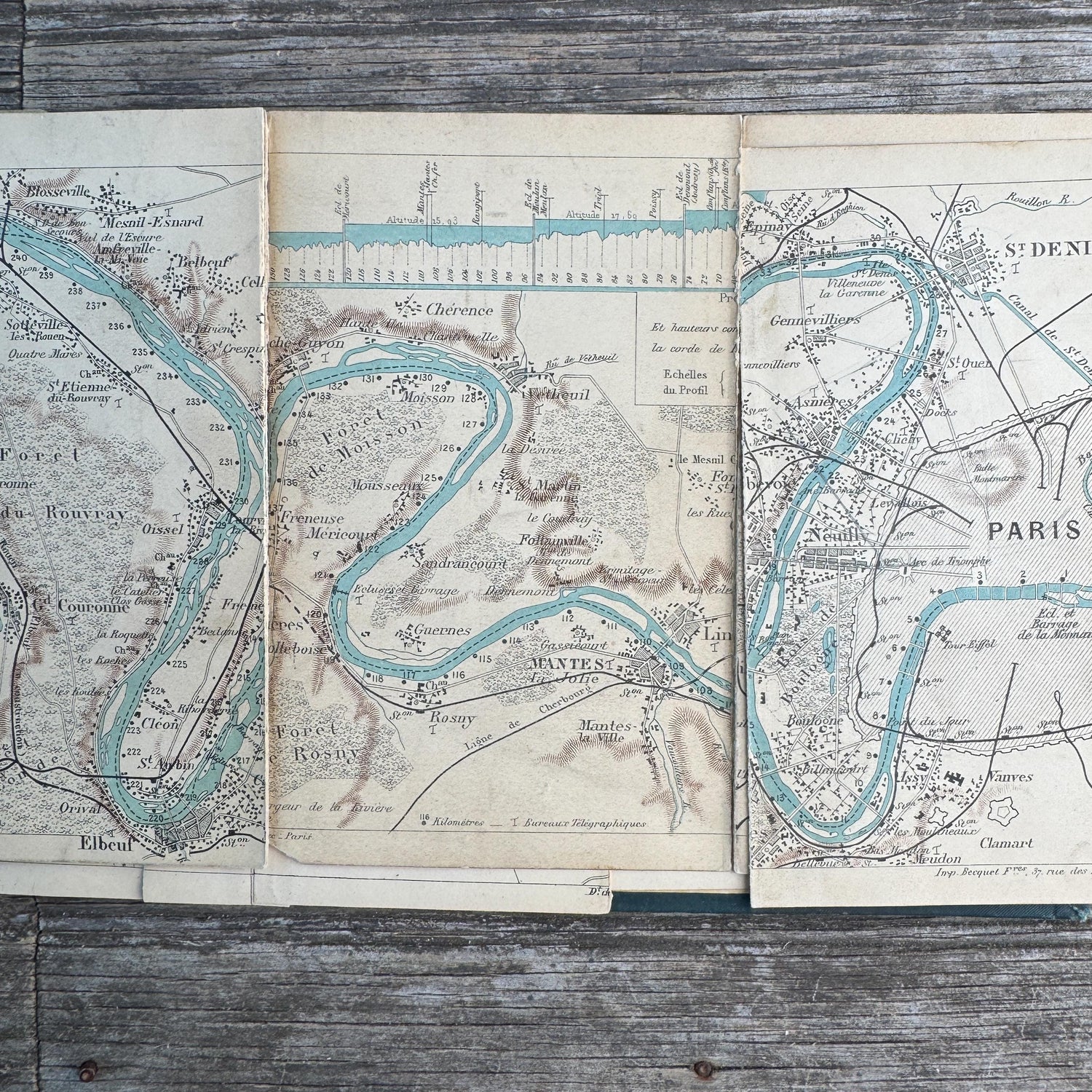 Shabby Antique French Green Book Set, 1822-1874, Seine Map