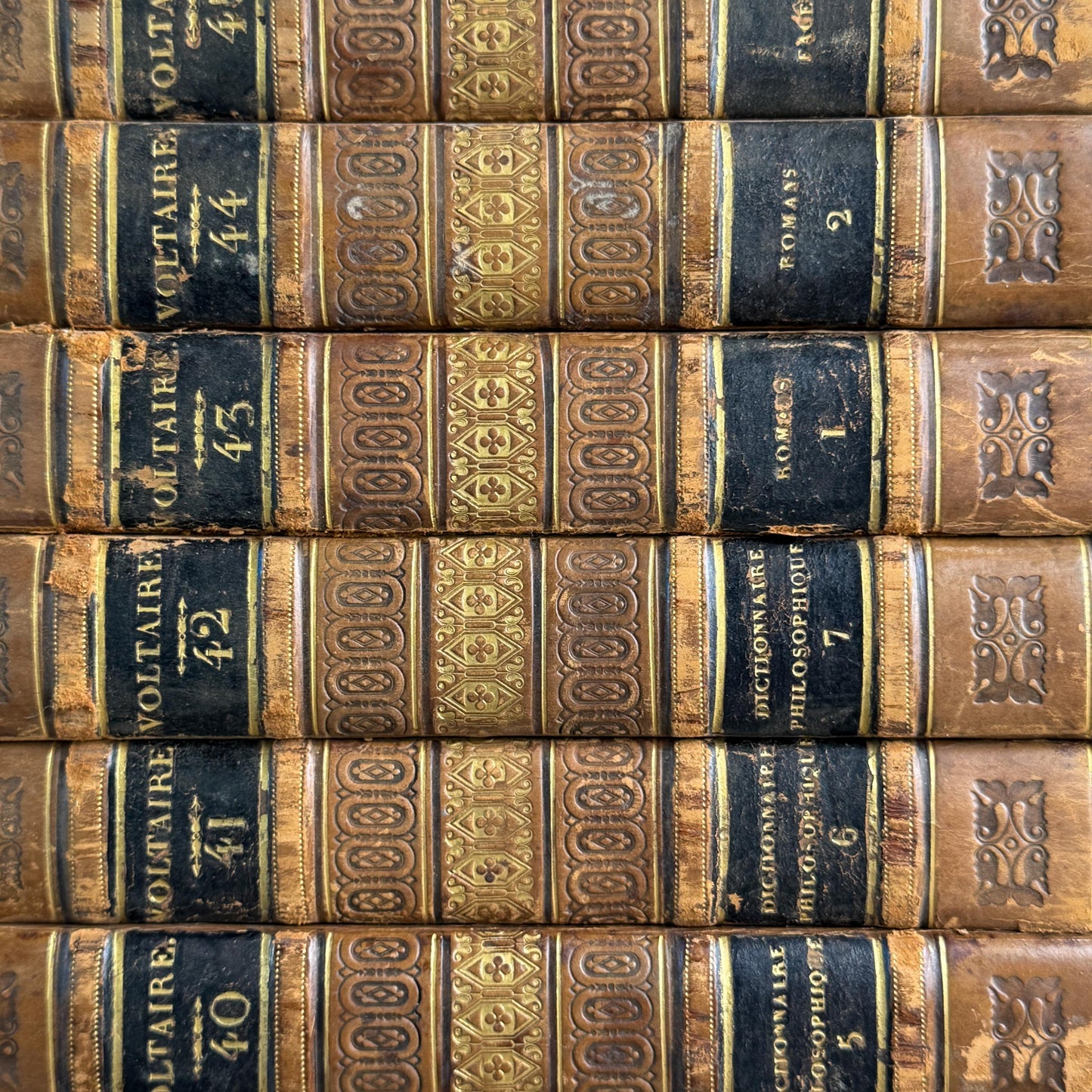 Antique Leather-Bound Voltaire Books in French, 1824, Gold Black and Brown