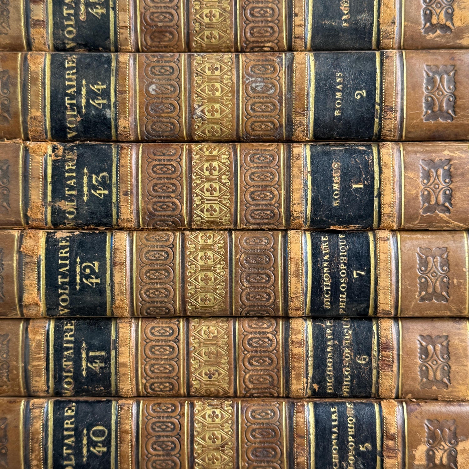 Antique Leather-Bound Voltaire Books in French, 1824, Gold Black and Brown