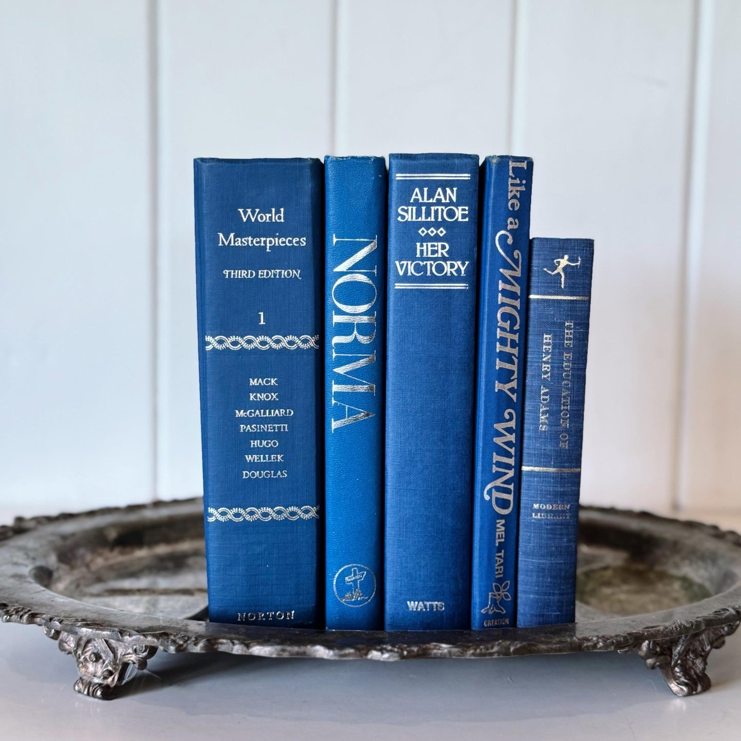 Indigo Blue and Silver Vintage Mid - Century Modern Book Set for Shelf Styling - Pretty Old Books