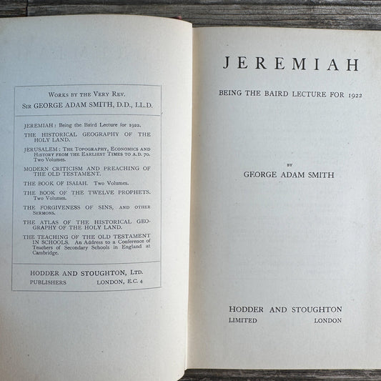 Jeremiah: The Baird Lecture for 1922, George Adam Smith, 1923 - Pretty Old Books