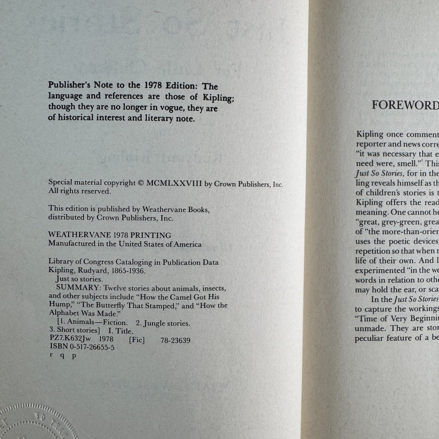 Just So Stories, Rudyard Kipling, 1978 Weathervane Edition - Pretty Old Books