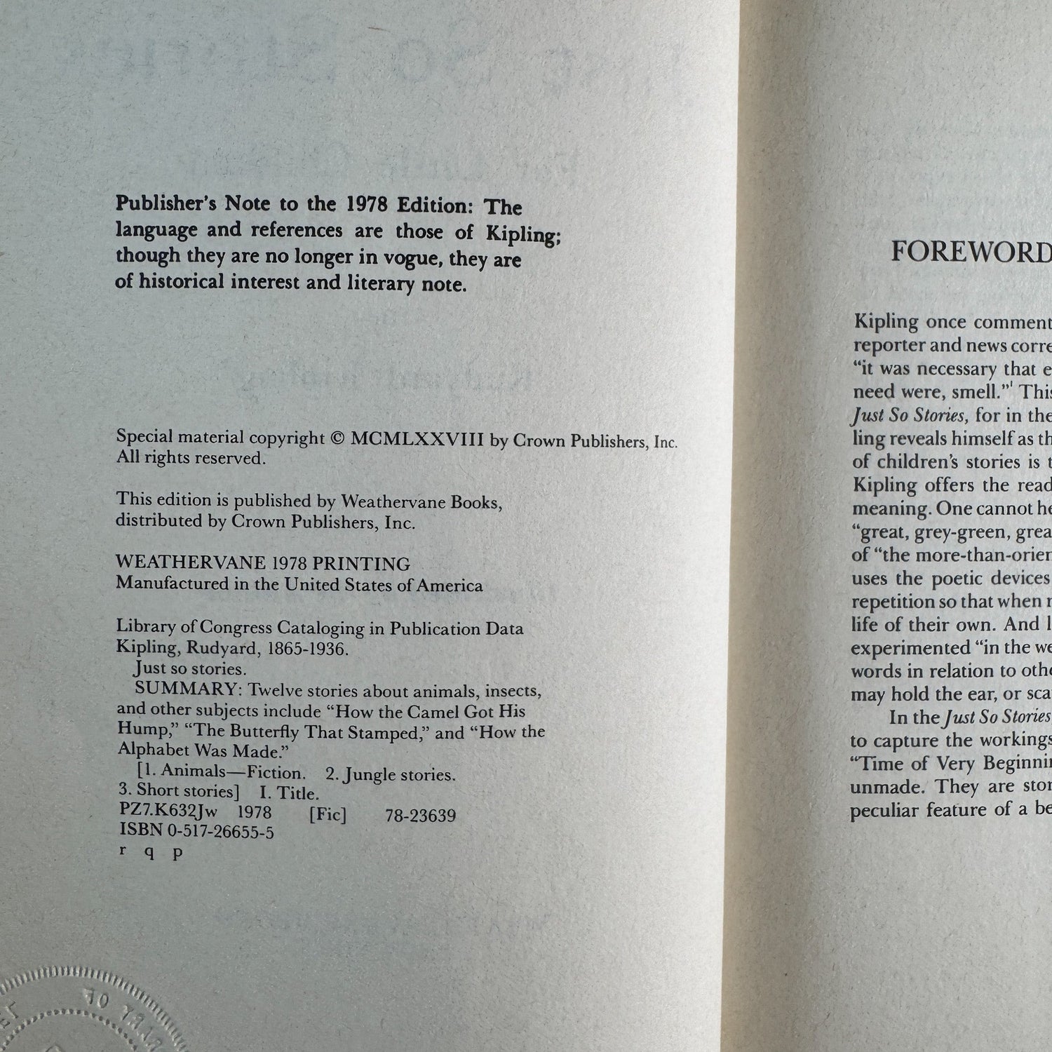 Just So Stories, Rudyard Kipling, 1978 Weathervane Edition - Pretty Old Books