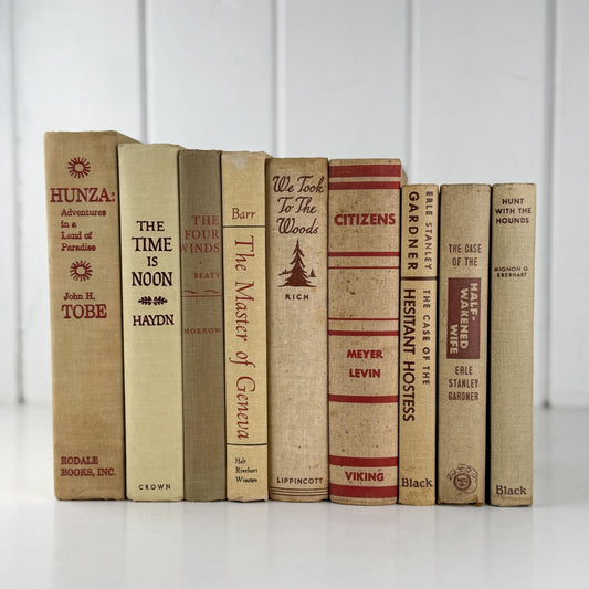 Large Beige & Red Vintage Book Bundle for Masculine Mid - Century Modern Decor - Pretty Old Books