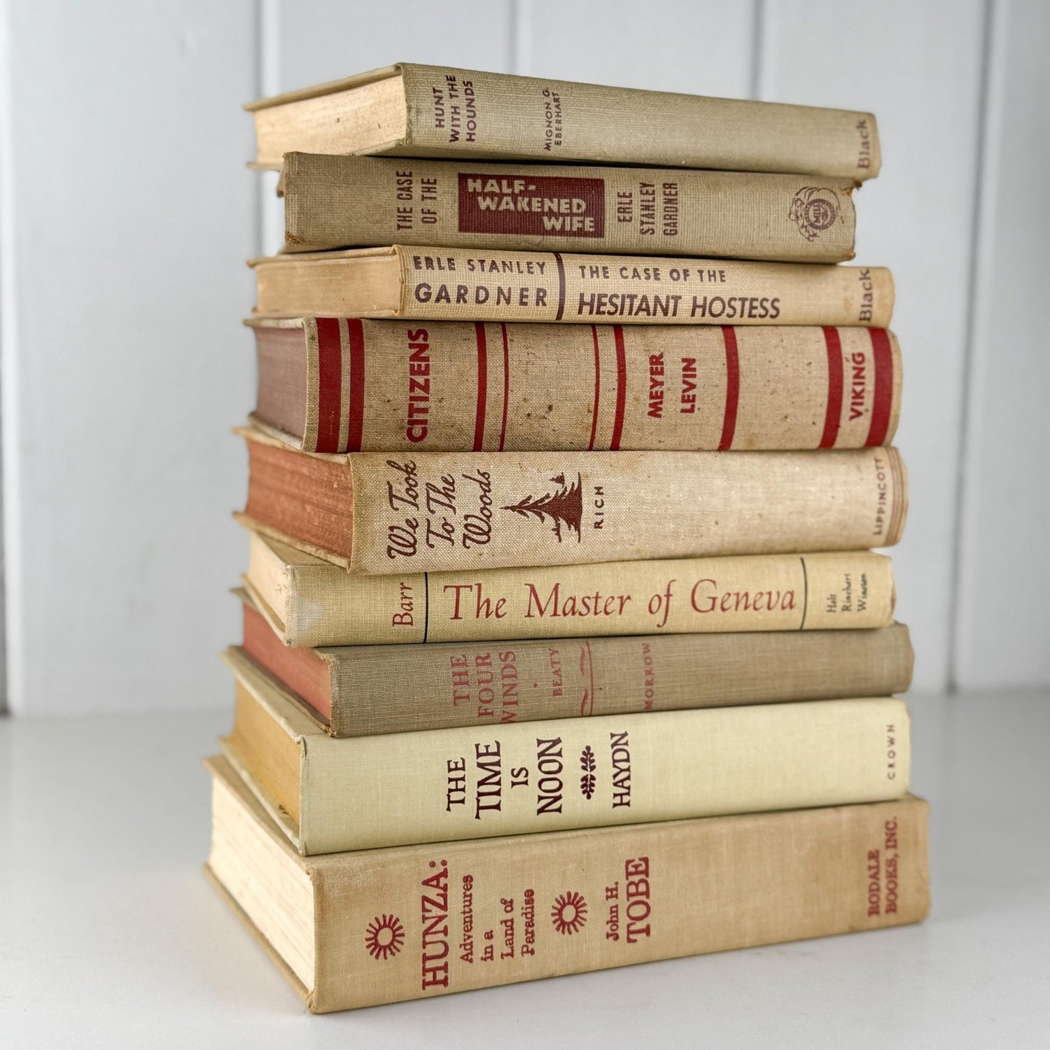 Large Beige & Red Vintage Book Bundle for Masculine Mid - Century Modern Decor - Pretty Old Books