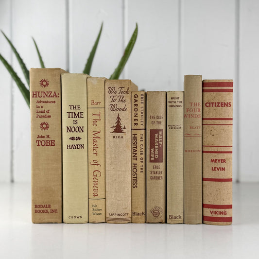 Large Beige & Red Vintage Book Bundle for Masculine Mid - Century Modern Decor - Pretty Old Books