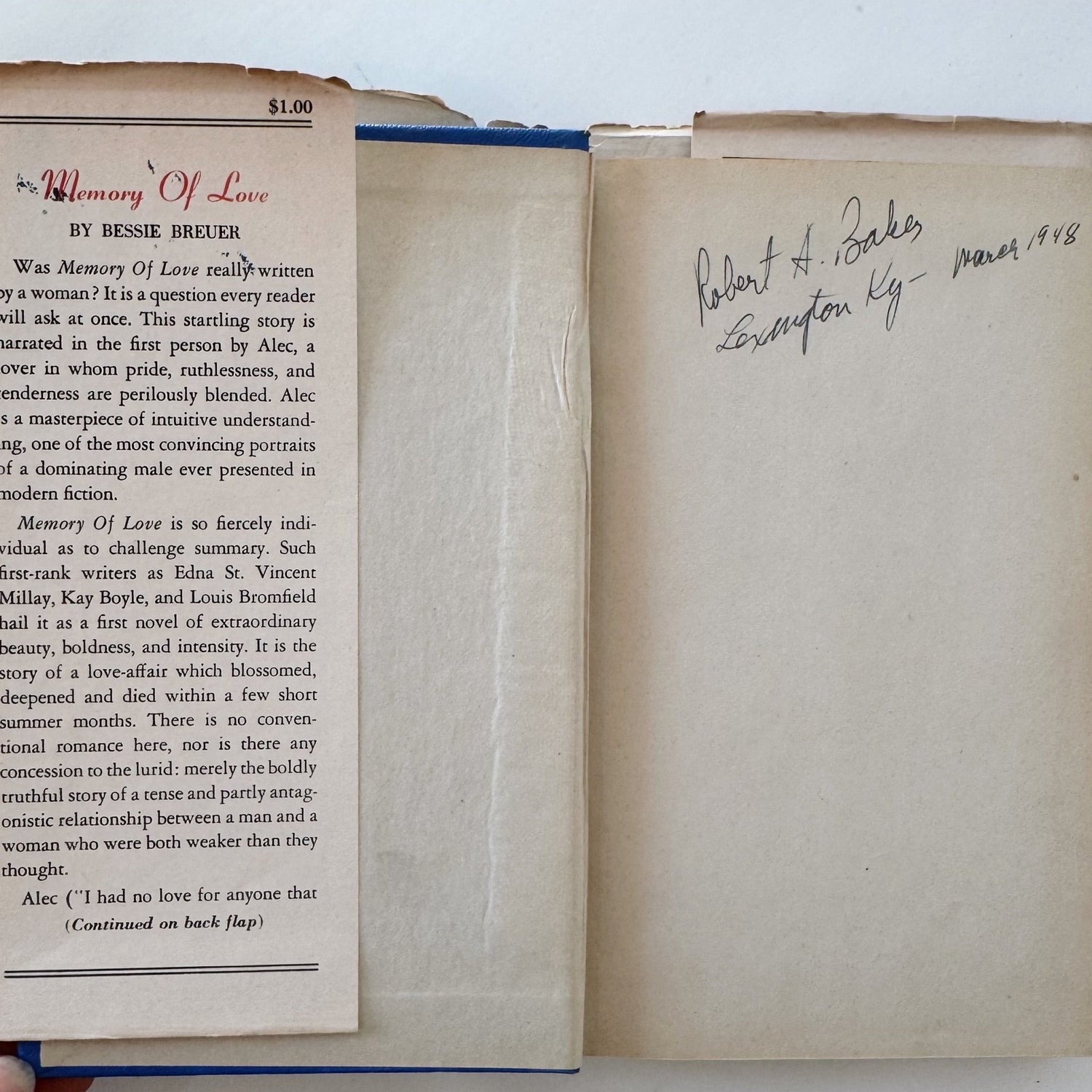 Memory of Love, Bessie Breuer, Hardcover 1946 Rare - Pretty Old Books