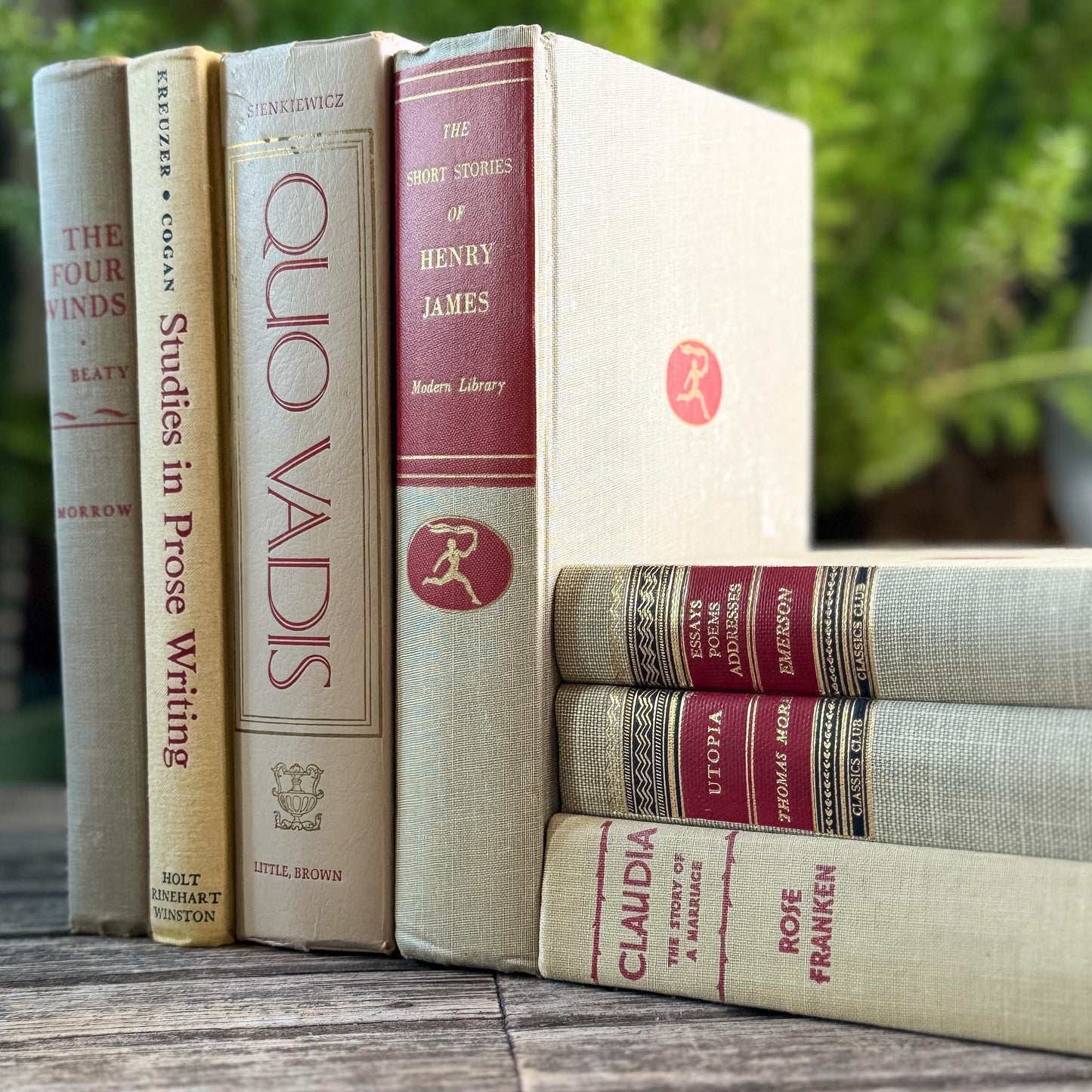 Mid-Century Beige and Red Book Collection, Classics Club, Vintage Books - Pretty Old Books