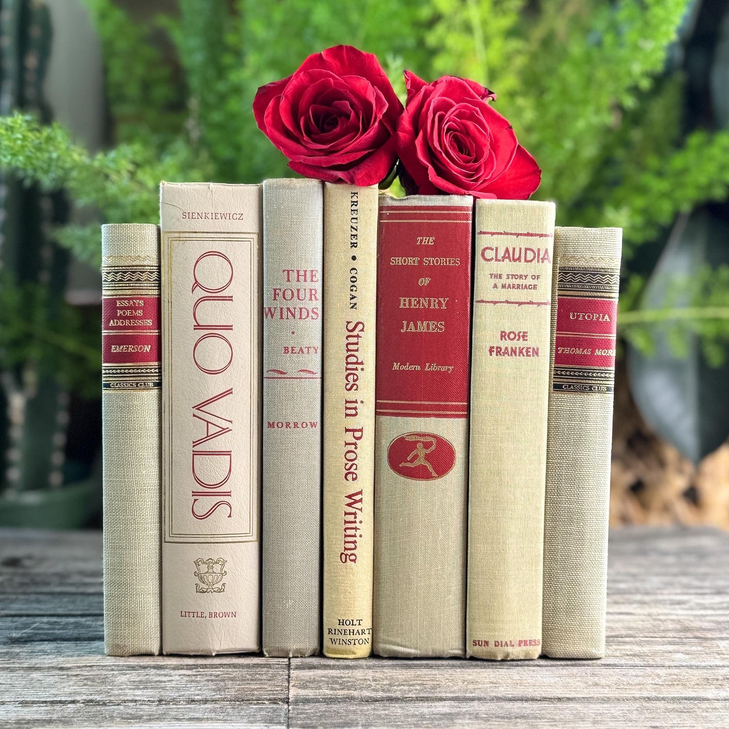Mid-Century Beige and Red Book Collection, Classics Club, Vintage Books - Pretty Old Books
