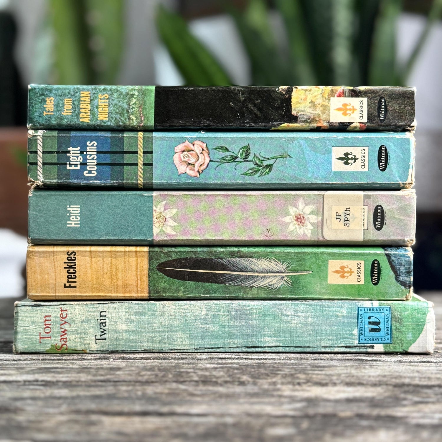 Mid - Century Blue - Green Whitman Classics Children's Book Set with Eight Cousins, Freckles, Heidi - Pretty Old Books
