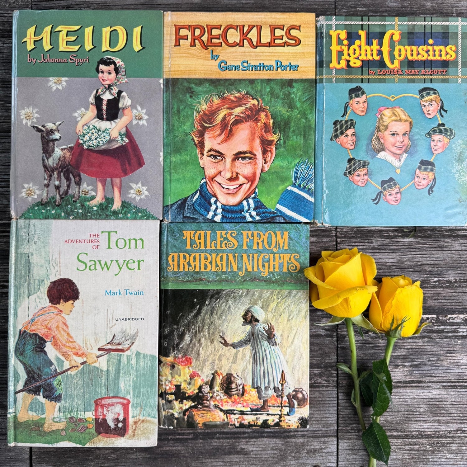 Mid - Century Blue - Green Whitman Classics Children's Book Set with Eight Cousins, Freckles, Heidi - Pretty Old Books
