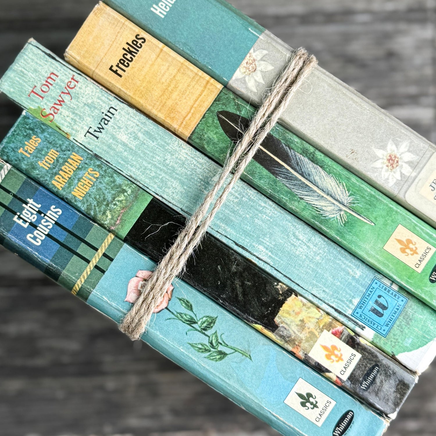 Mid - Century Blue - Green Whitman Classics Children's Book Set with Eight Cousins, Freckles, Heidi - Pretty Old Books