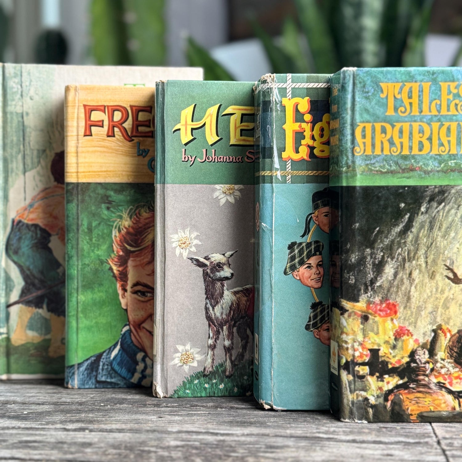 Mid - Century Blue - Green Whitman Classics Children's Book Set with Eight Cousins, Freckles, Heidi - Pretty Old Books