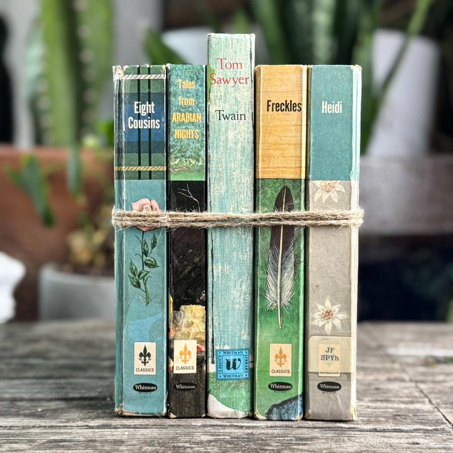 Mid - Century Blue - Green Whitman Classics Children's Book Set with Eight Cousins, Freckles, Heidi - Pretty Old Books