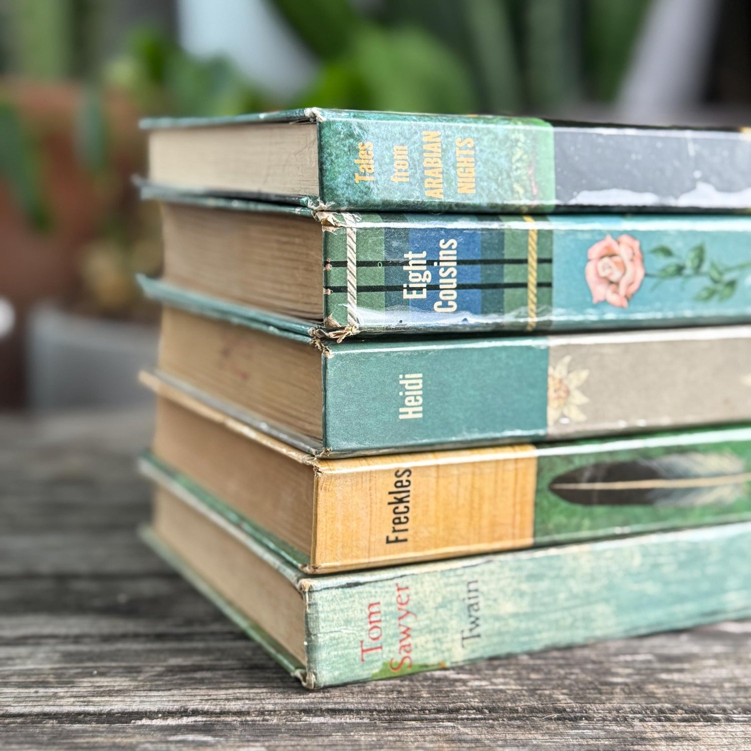 Mid - Century Blue - Green Whitman Classics Children's Book Set with Eight Cousins, Freckles, Heidi - Pretty Old Books