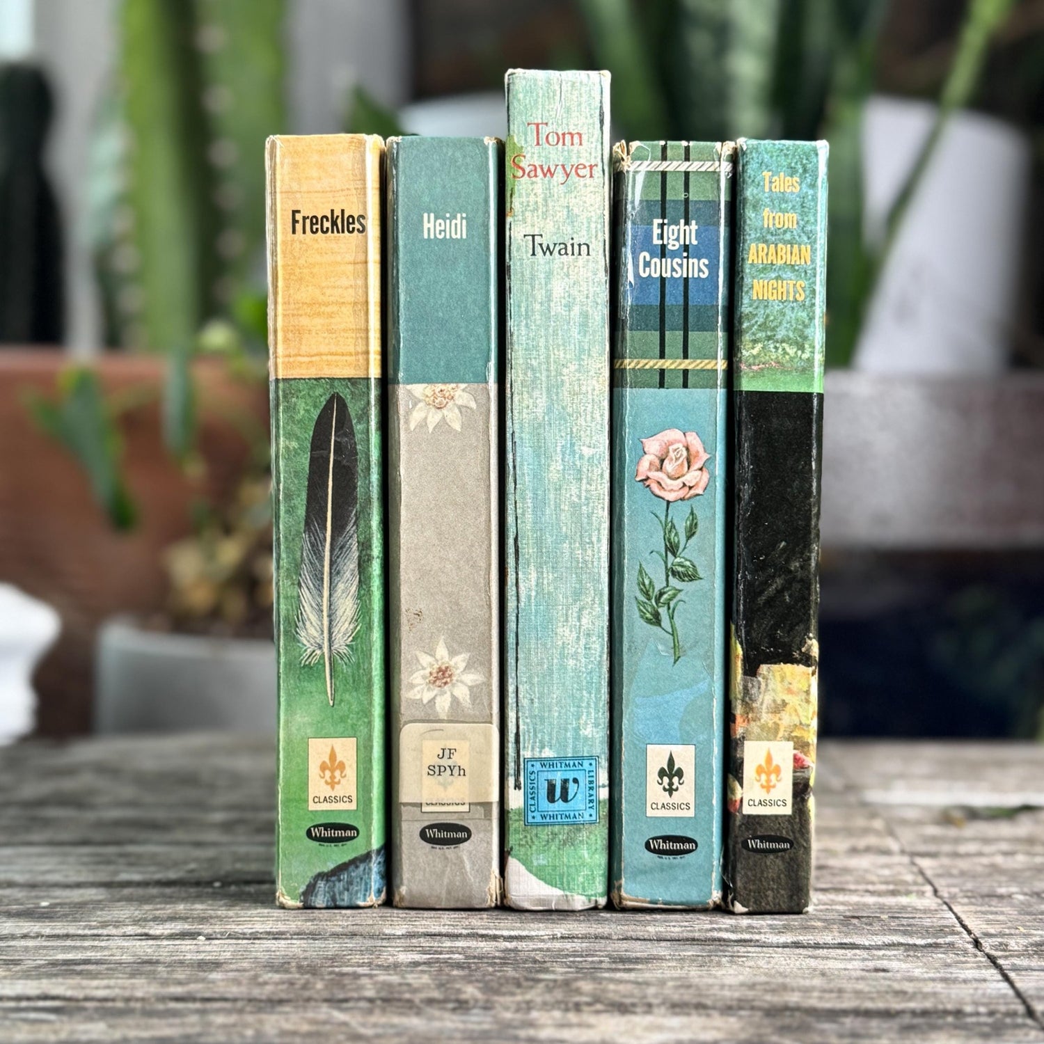 Mid - Century Blue - Green Whitman Classics Children's Book Set with Eight Cousins, Freckles, Heidi - Pretty Old Books
