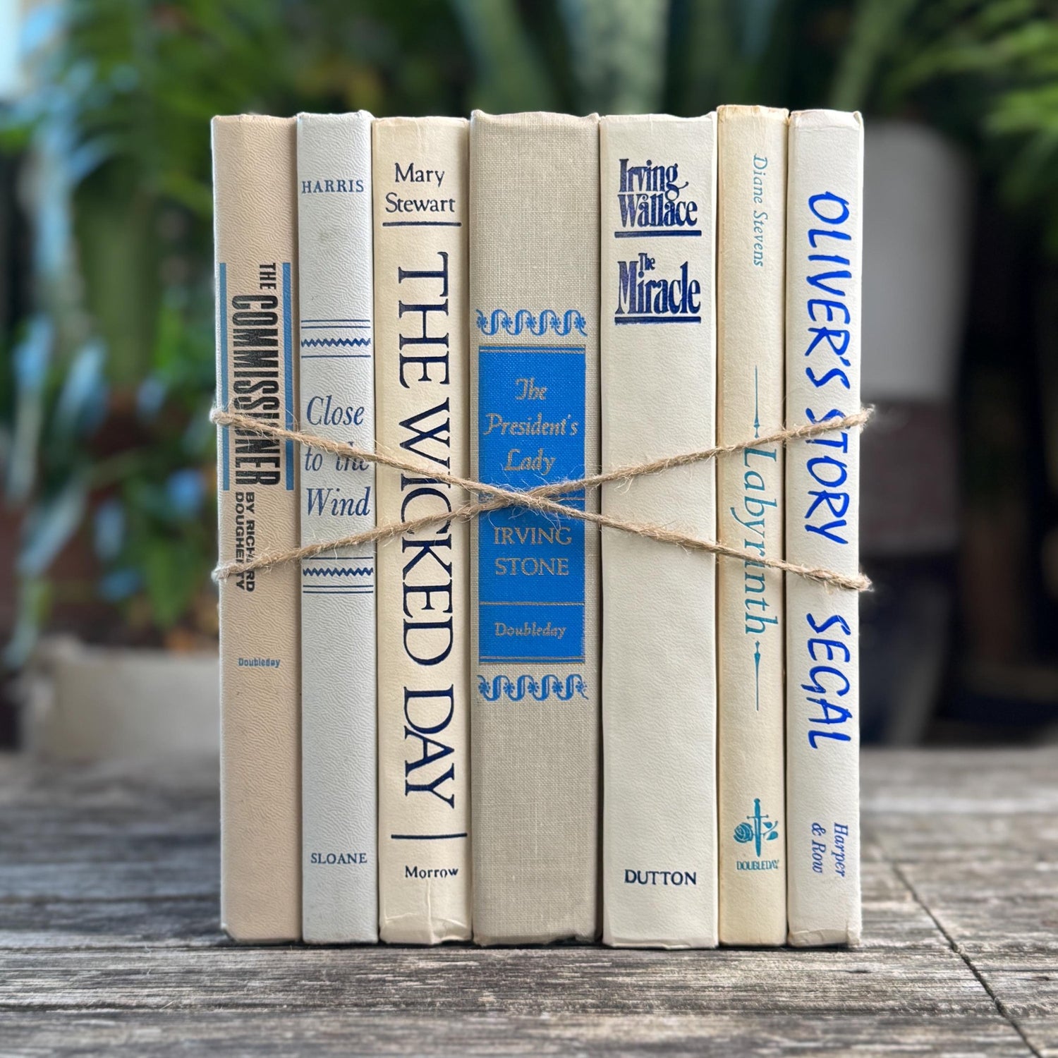 Mid Century Modern White, Cream & Blue Vintage Book Set: Shelf Styling Decor - Pretty Old Books