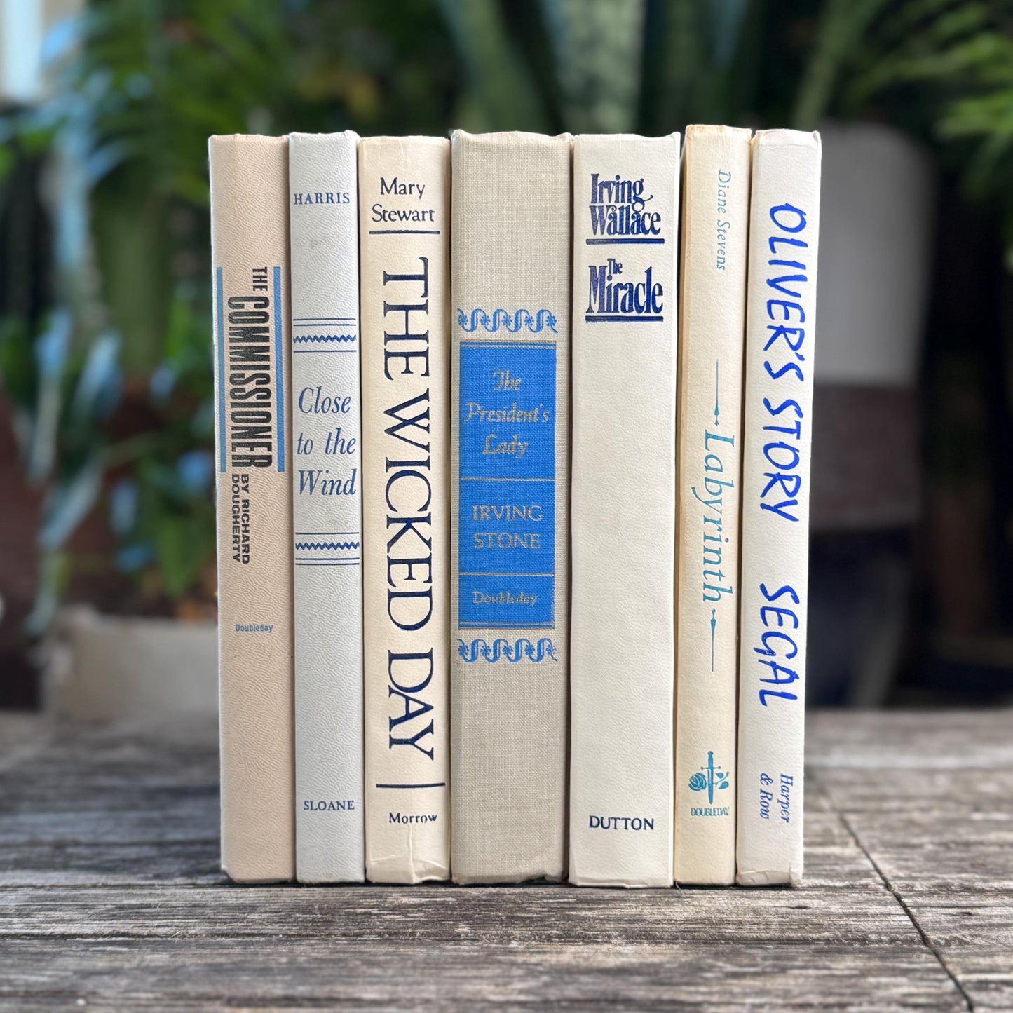 Mid Century Modern White, Cream & Blue Vintage Book Set: Shelf Styling Decor - Pretty Old Books