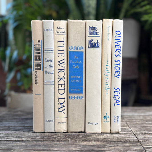 Mid Century Modern White, Cream & Blue Vintage Book Set: Shelf Styling Decor - Pretty Old Books