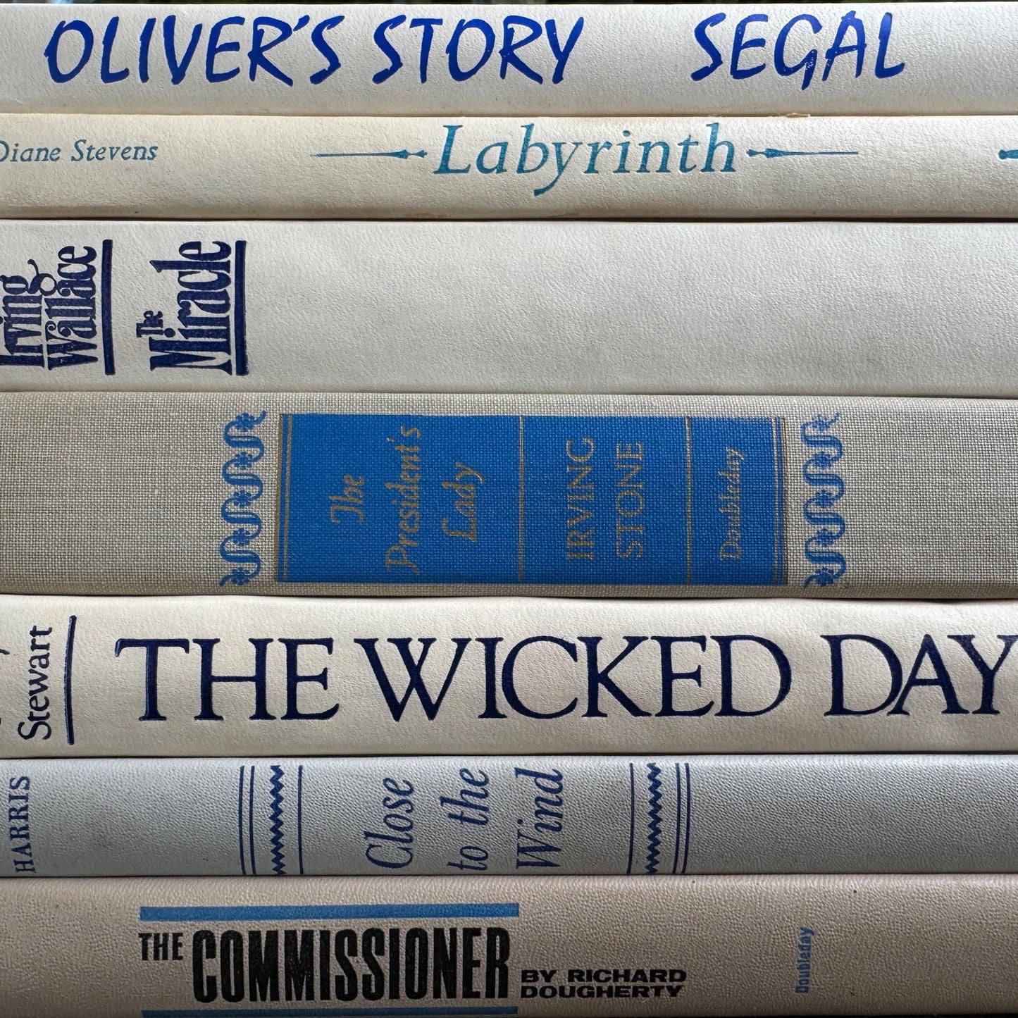 Mid Century Modern White, Cream & Blue Vintage Book Set: Shelf Styling Decor - Pretty Old Books