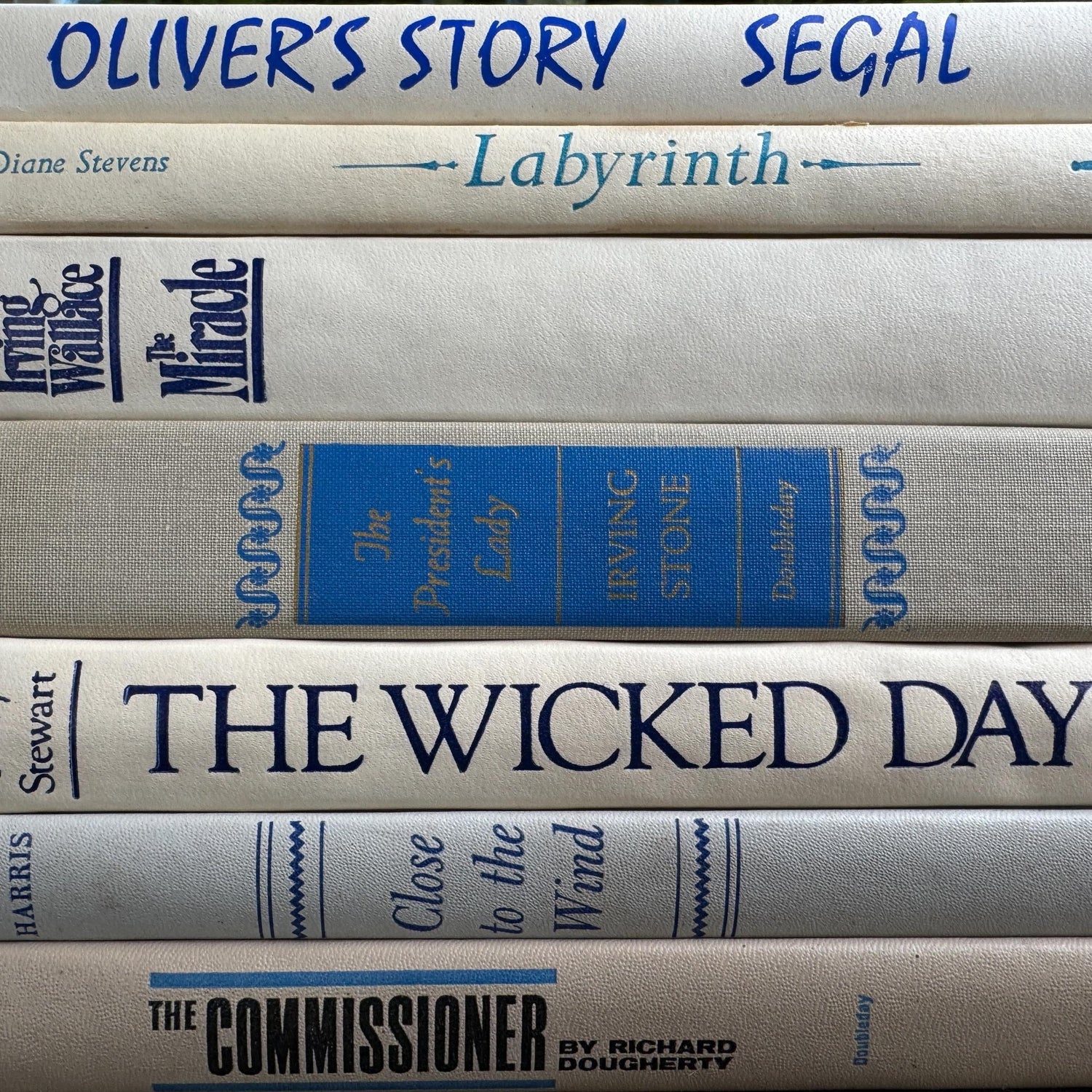 Mid Century Modern White, Cream & Blue Vintage Book Set: Shelf Styling Decor - Pretty Old Books