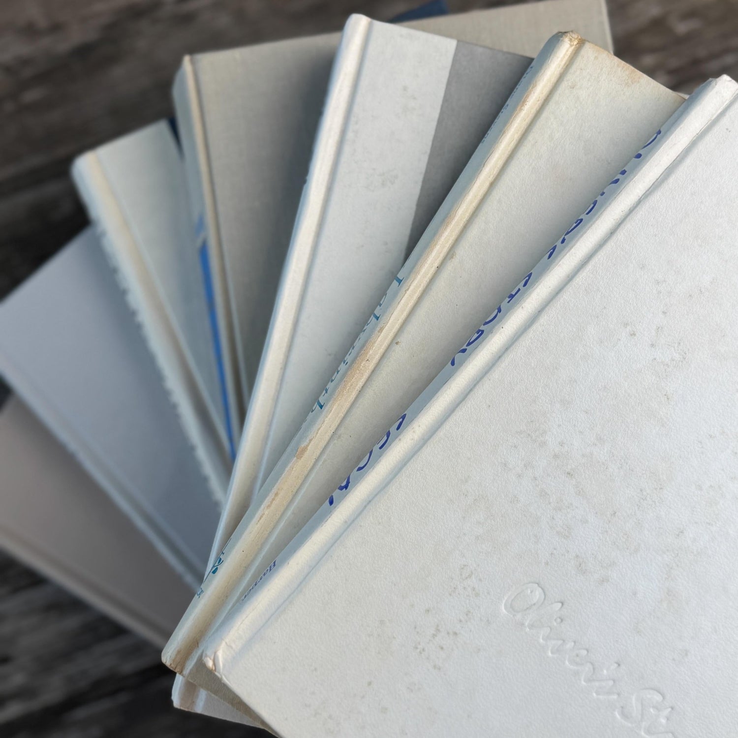 Mid Century Modern White, Cream & Blue Vintage Book Set: Shelf Styling Decor - Pretty Old Books