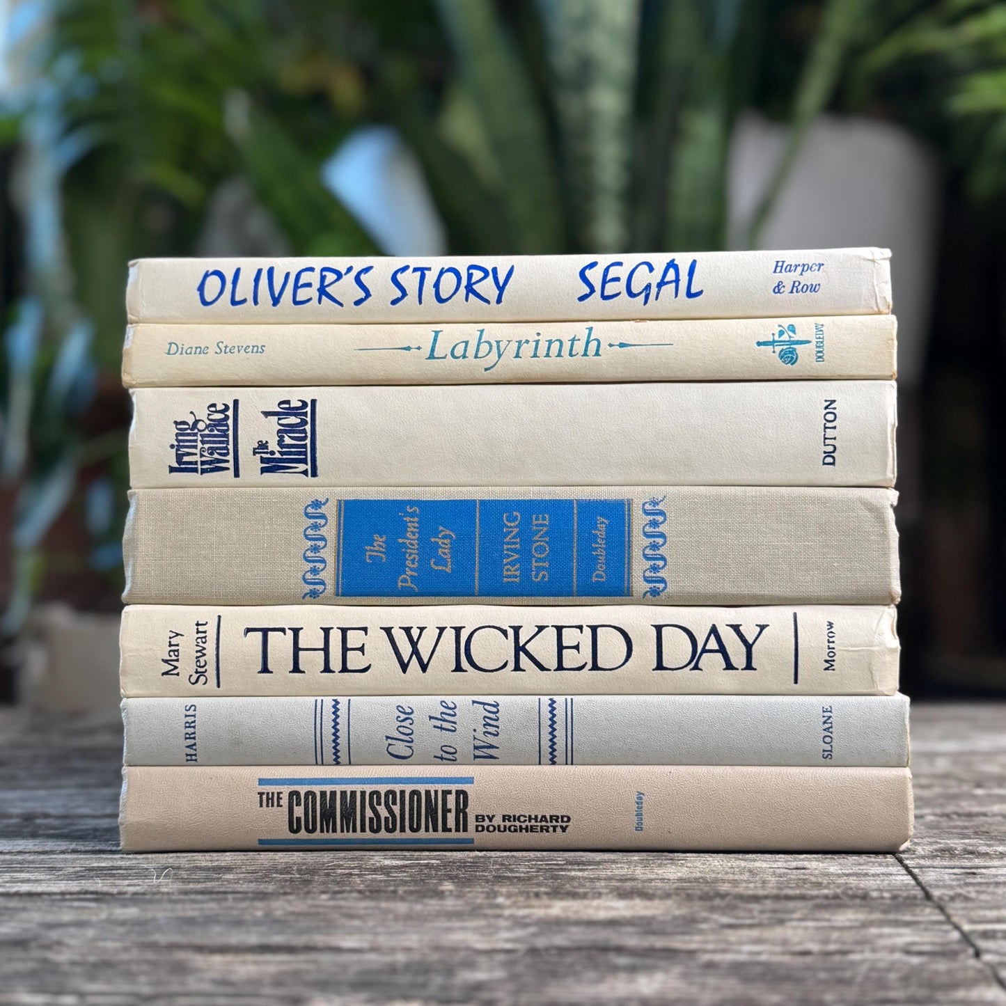 Mid Century Modern White, Cream & Blue Vintage Book Set: Shelf Styling Decor - Pretty Old Books