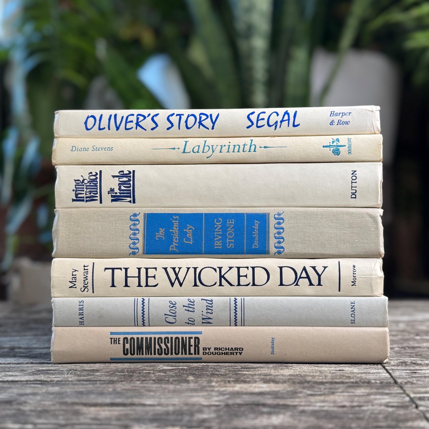 Mid Century Modern White, Cream & Blue Vintage Book Set: Shelf Styling Decor - Pretty Old Books