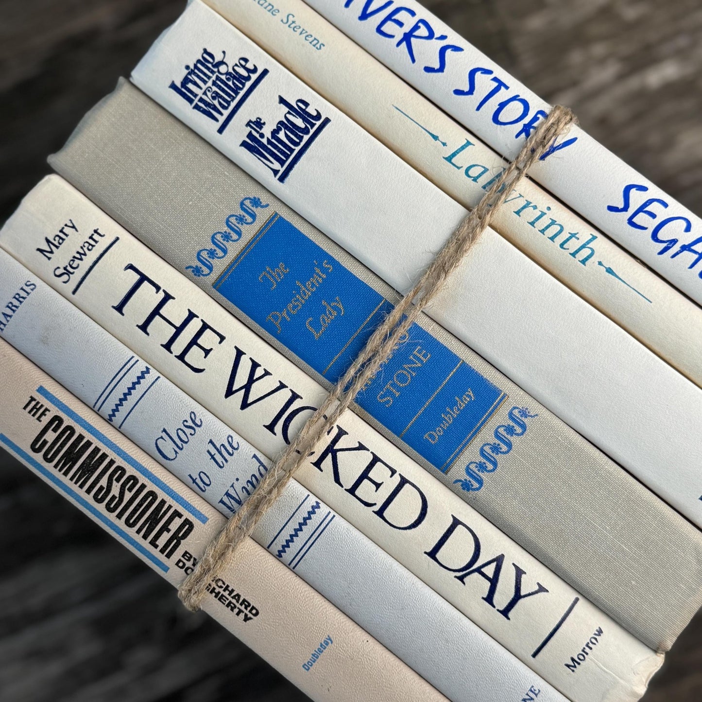 Mid Century Modern White, Cream & Blue Vintage Book Set: Shelf Styling Decor - Pretty Old Books