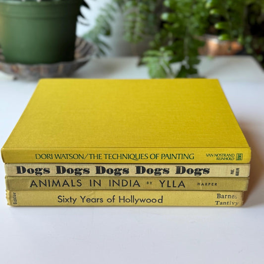 Mustard Yellow Vintage Coffee Table Book Set With Dog Cat Art, Curated Books By Color, 1970s Decor - Pretty Old Books