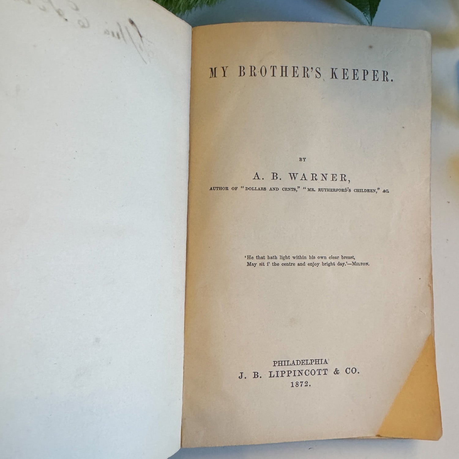 My Brother’s Keeper, A.B. Warner, J.B. Lippincott, 1872 - Pretty Old Books