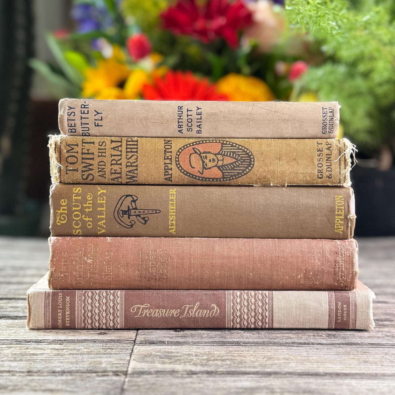 Neutral Brown Mauve Tan Children's Vintage Book Set For Shelf Styling - Pretty Old Books