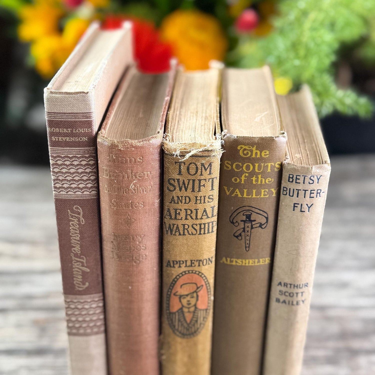 Neutral Brown Mauve Tan Children's Vintage Book Set For Shelf Styling - Pretty Old Books