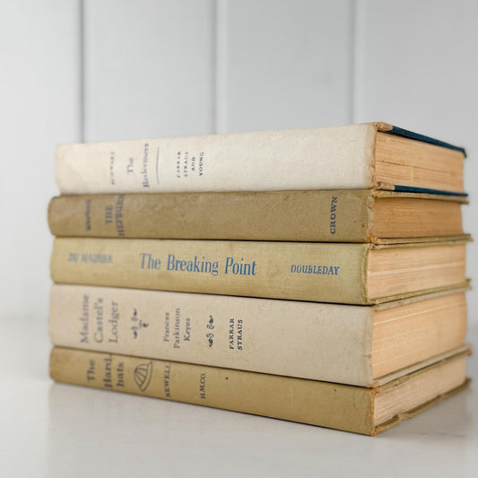 Neutral Shabby Vintage Books Bundle, Faded Blue and Beige Distressed Books for Shelf Styling - Pretty Old Books