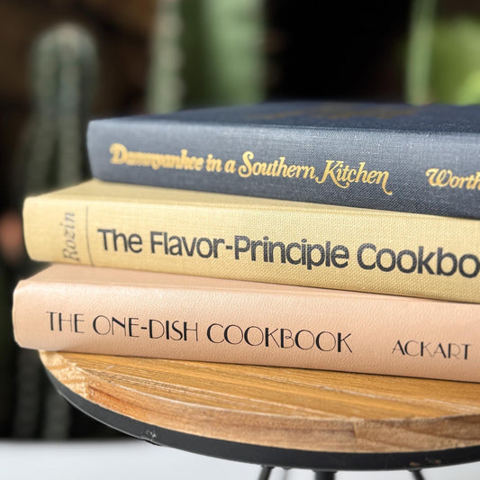Neutral Vintage Cookbook Set for Kitchen Shelf Styling - Pretty Old Books