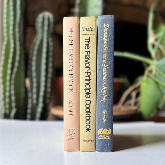 Neutral Vintage Cookbook Set for Kitchen Shelf Styling - Pretty Old Books