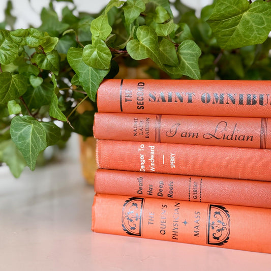 Orange Rust Red Terra Cotta Decorative Books, Vintage Old Book Decor, Orange Fall Bookshelf Decor - Pretty Old Books