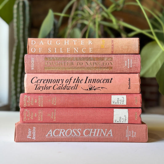 Pink, peach, and Coral Vintage Book Bundle Mid Century Modern Shelf Styling - Pretty Old Books