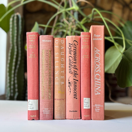 Pink, peach, and Coral Vintage Book Bundle Mid Century Modern Shelf Styling - Pretty Old Books
