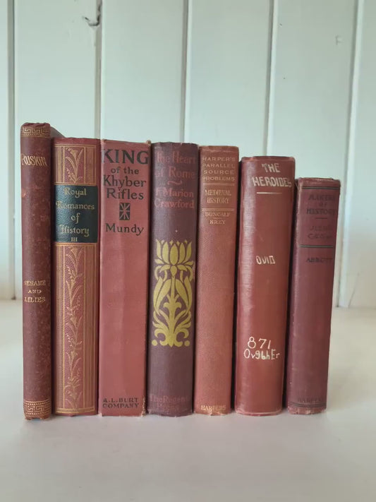 Antique Terra Cotta and Rust Red Decorative Books, Vintage Old Book Decor, Autumn Colors