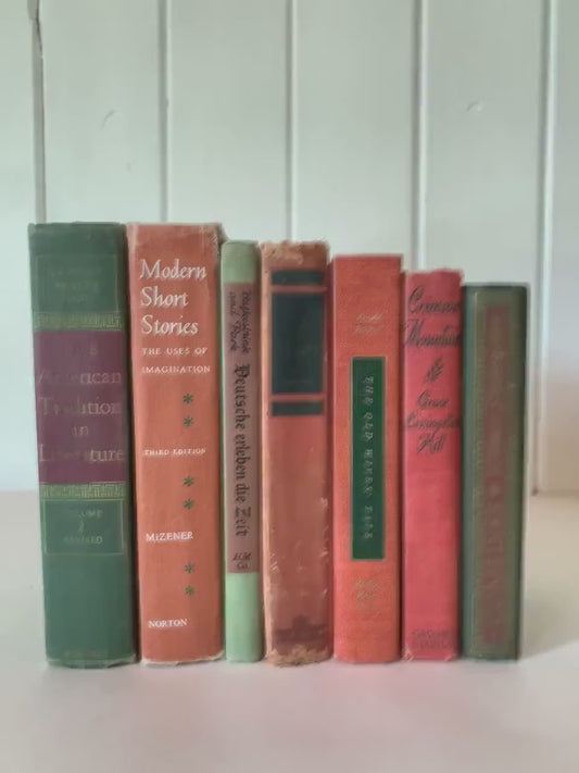 Vintage Decorative Green and Orange Faded Cozy Book Bundle for Shelf Styling