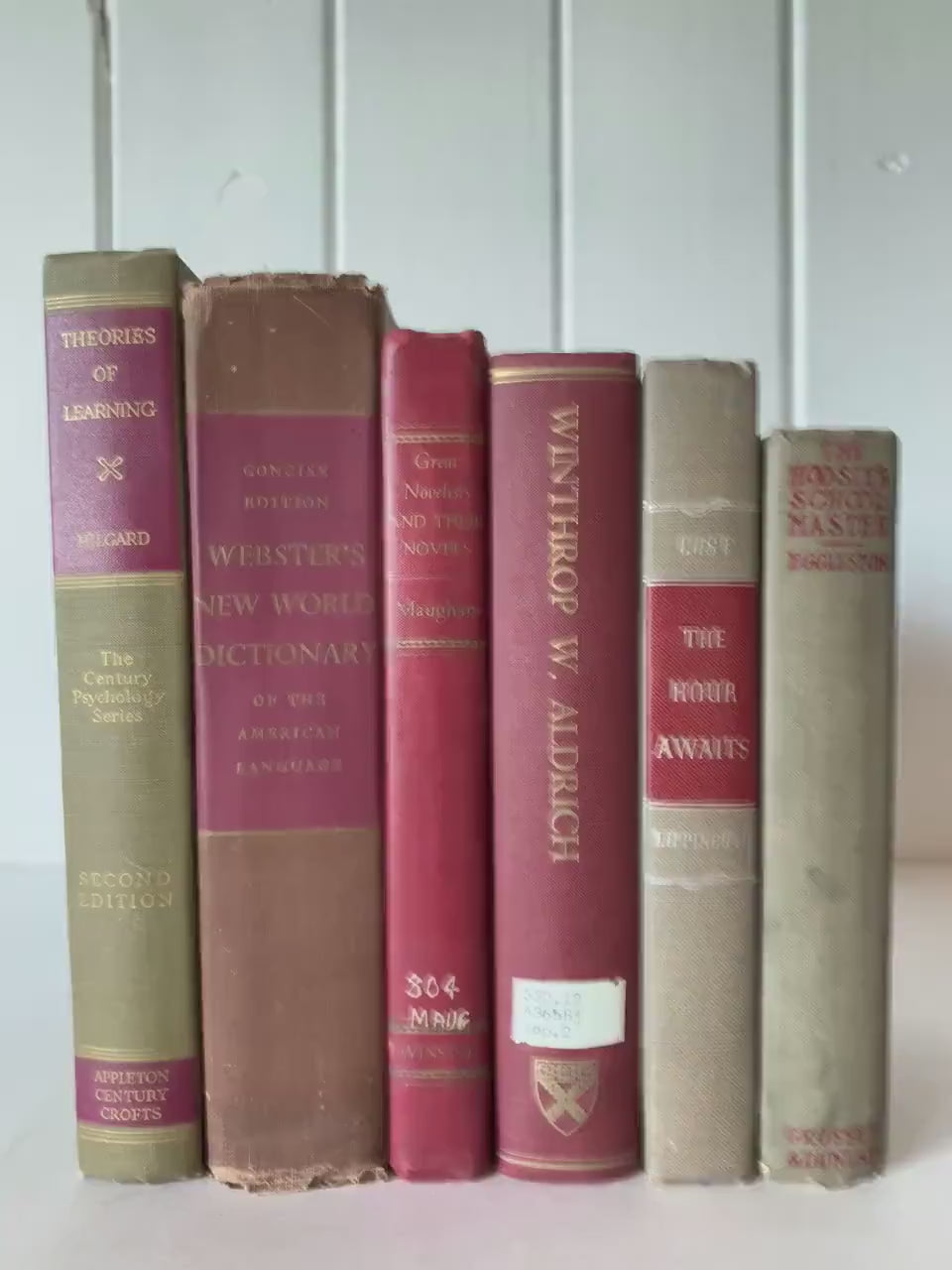 Vintage Mauve, Maroon Red, and Tan Mid Century Modern Masculine Books for Shelf Styling