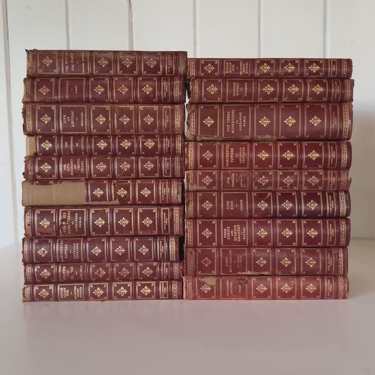 Vintage Mid Century Red & Gold Fine Editions Set – Shabby Decorative Leather Classic Literature Books