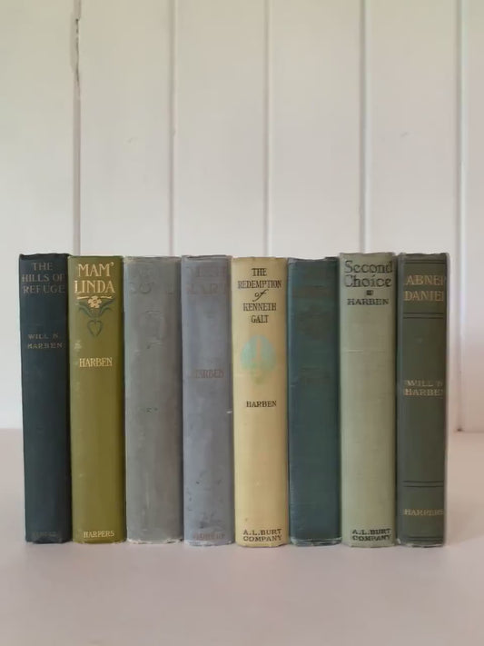 Antique Green Blue Will N. Harben Book Bundle, Books for Display