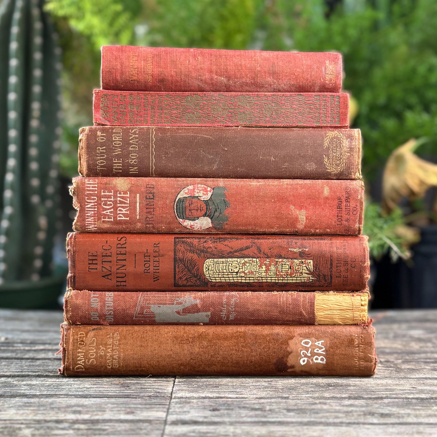 Red and Copper Antique Shabby Book Bundle for Shelf Styling - Pretty Old Books