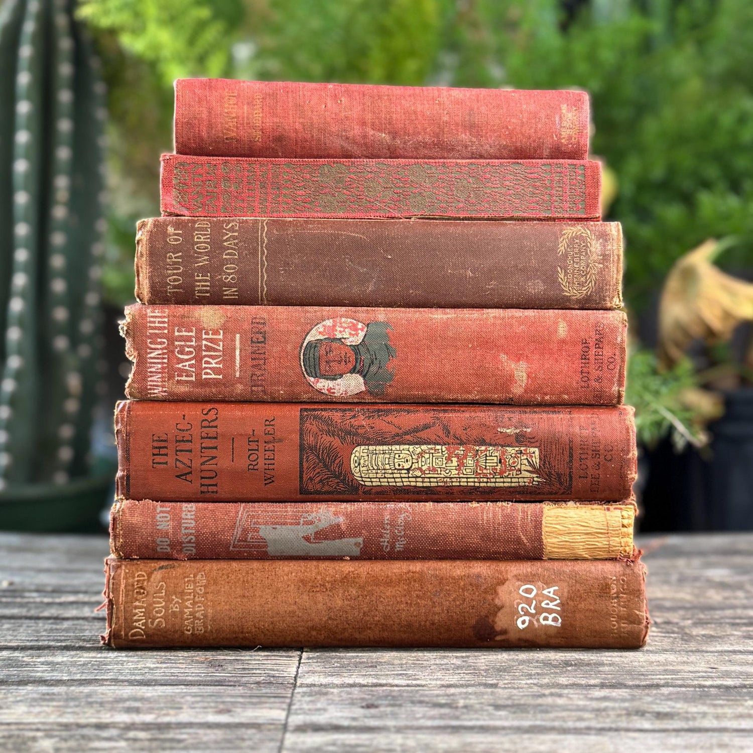 Red and Copper Antique Shabby Book Bundle for Shelf Styling - Pretty Old Books
